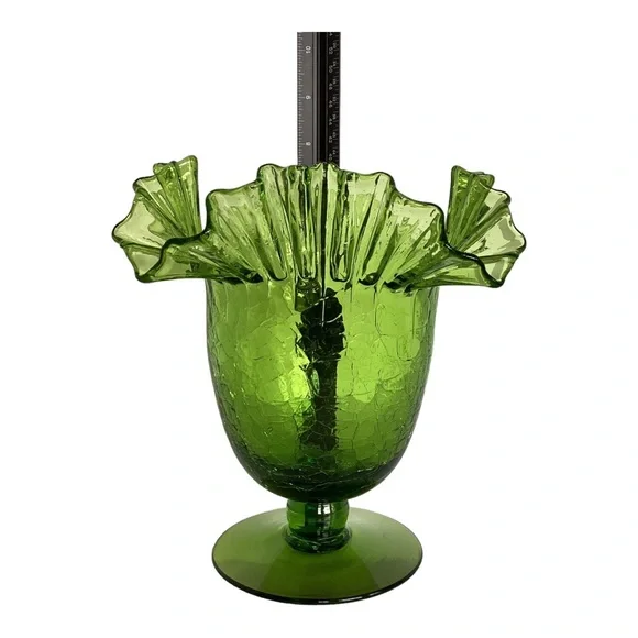 Blenko 388 Green Crackle Art Glass Vase Handcrafted Crimped Ruffled Edge Vintage - Picture 14 of 16